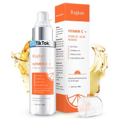 Ragkun Super Vitamin C 20 Serum for Women, Dark Spot Remover for Face, CE Ferulic Acid, Hyaluronic Acid, Retinol, Hydrate Plump Skin Care Anti Aging Wrinkle Brightening Skincare -1.35 Fl Oz.