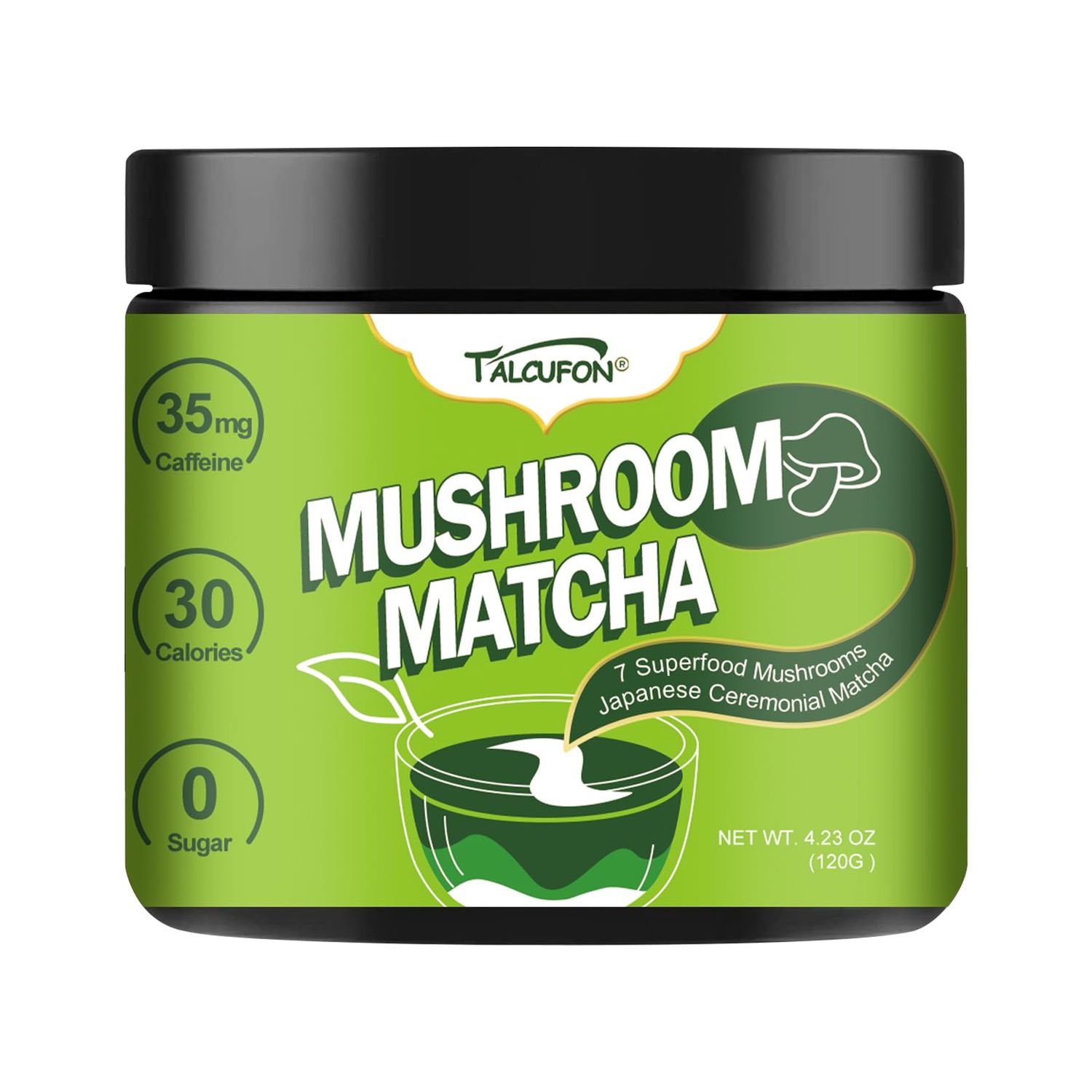 TALCUFON Mushroom Matcha 4.23 Oz, Japanese Ceremonial Matcha Blend 7 Superfood Mushrooms All Natural, Gluten Free, Taste Great Hot or Cold Latte 120G