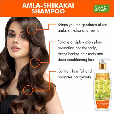Vaadi Herbal Organic Amla Shikakai Reetha Shampoo Anti-Dandruff - For Hair Loss Dry Itchy Sensitive Scalp Moisturizing Treatment - Hair Growth and Thickening - Sulphate Free Paraben Free - 1 X 350 Ml