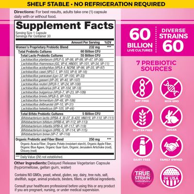 Vital Planet - Vital Flora Womens Daily Probiotic 60 Billion CFU, Diverse Strains, Organic Prebiotics, Vaginal and Immune Support, Shelf Stable Digestive Health Probiotics for Women 30 Capsules