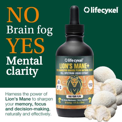 Lifecykel - Lion's Mane Mushroom Extract with Kakadu Plum - Brain Booster Nootropic for Memory, Focus REM Sleep - Non-GMO, Organic Mushroom Tincture - 1 Fl Oz (15 Servings)