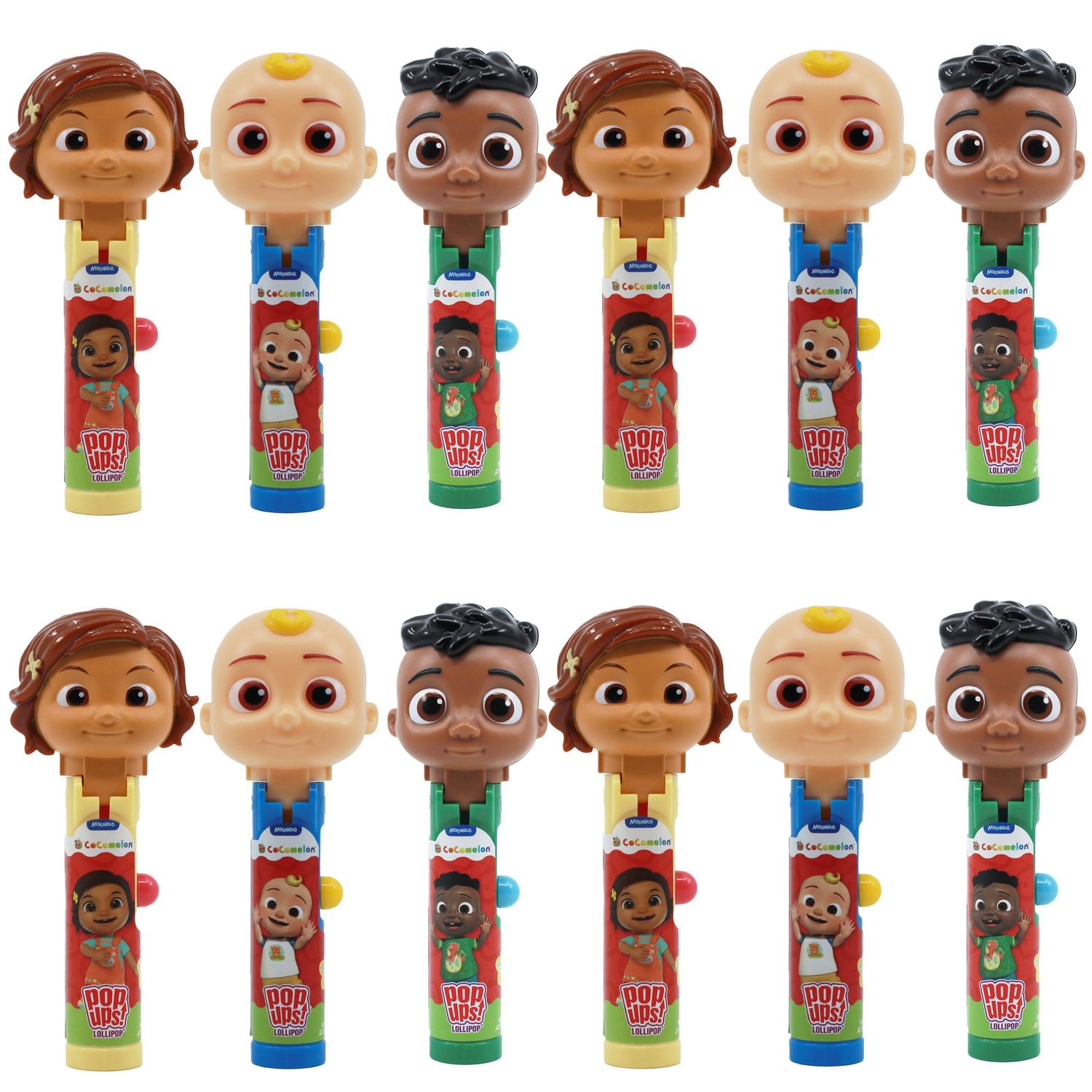 Pop Ups! Cocomelon Lollipop Holders - Nina, JJ, and Cody - 12 Chupa Chups Lollipops with Cases - Individually Wrapped Candy Party Favors - Cocomelon Candy - Bulk Set of 12