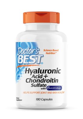 Doctor&#39;s Best Hyaluronic Acid with Chondroitin Sulfate, Featuring BioCell Collagen, Non-GMO, Gluten Free, Soy Free, Joint Support, 180 Count (Pack of 1)