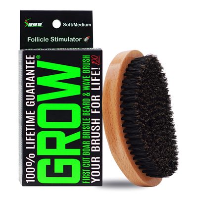 GROW First Cut Boar Bristle Beard Wave Brush for Men 360 - BeardHair Growth Follicle Stimulator - Exfoliate - Detangle - Moisturize - Improve Circulation Blood Flow (USA)