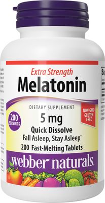 Webber Naturals Extra Strength Melatonin 5mg, Fast-Melting Tablets, 200 Day Supply, 100 Drug Free Sleep Supplements for Adults, Gluten Free, Non-GMO, Vegetarian Formula