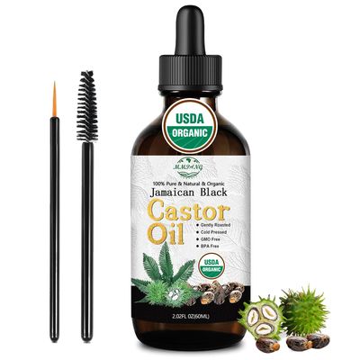 MMPANG USDA Organic Jamaican Black Castor Oil - 100 Pure, Cold Pressed, Hexane-Free Vegan, 2oz Brown Glass Bottle wDropper Dual Brush for Hair Growth, Thicker Eyelashes, Brows Scalp Care