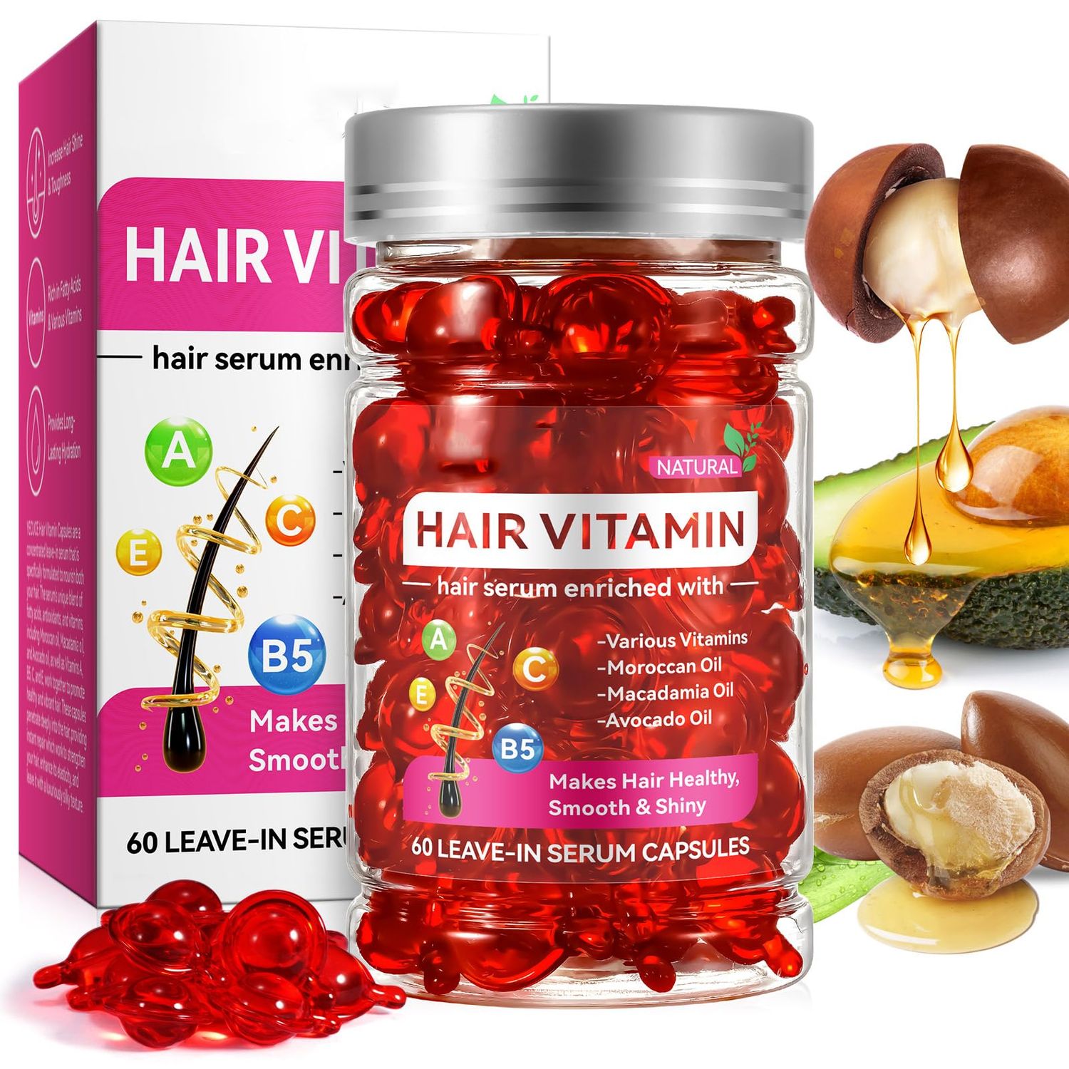 JCKBDNR Hair Styling Treatment Capsules - Frizzy Dry Hair Serum Enriched with Vitamins A, C, E, Pro B5, and Moroccan Macadamia Avocado Oils (2.02 Fl Oz)