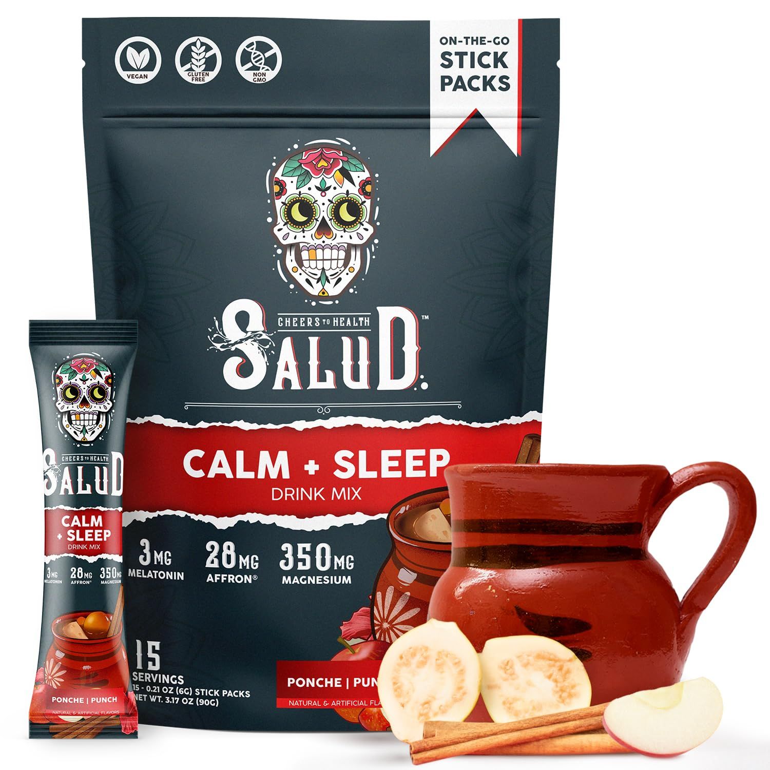 Salud 2-in-1 Sleep Aid Calm Drink Mix, Punch Ponche Flavor, Melatonin, Magnesium, Saffron Extract, L-Theanine, Non-GMO, Gluten Free, Vegan, Low Calorie, 1g of Sugar (15 Servings)