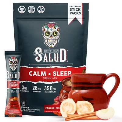 Salud 2-in-1 Sleep Aid Calm Drink Mix, Punch Ponche Flavor, Melatonin, Magnesium, Saffron Extract, L-Theanine, Non-GMO, Gluten Free, Vegan, Low Calorie, 1g of Sugar (15 Servings)