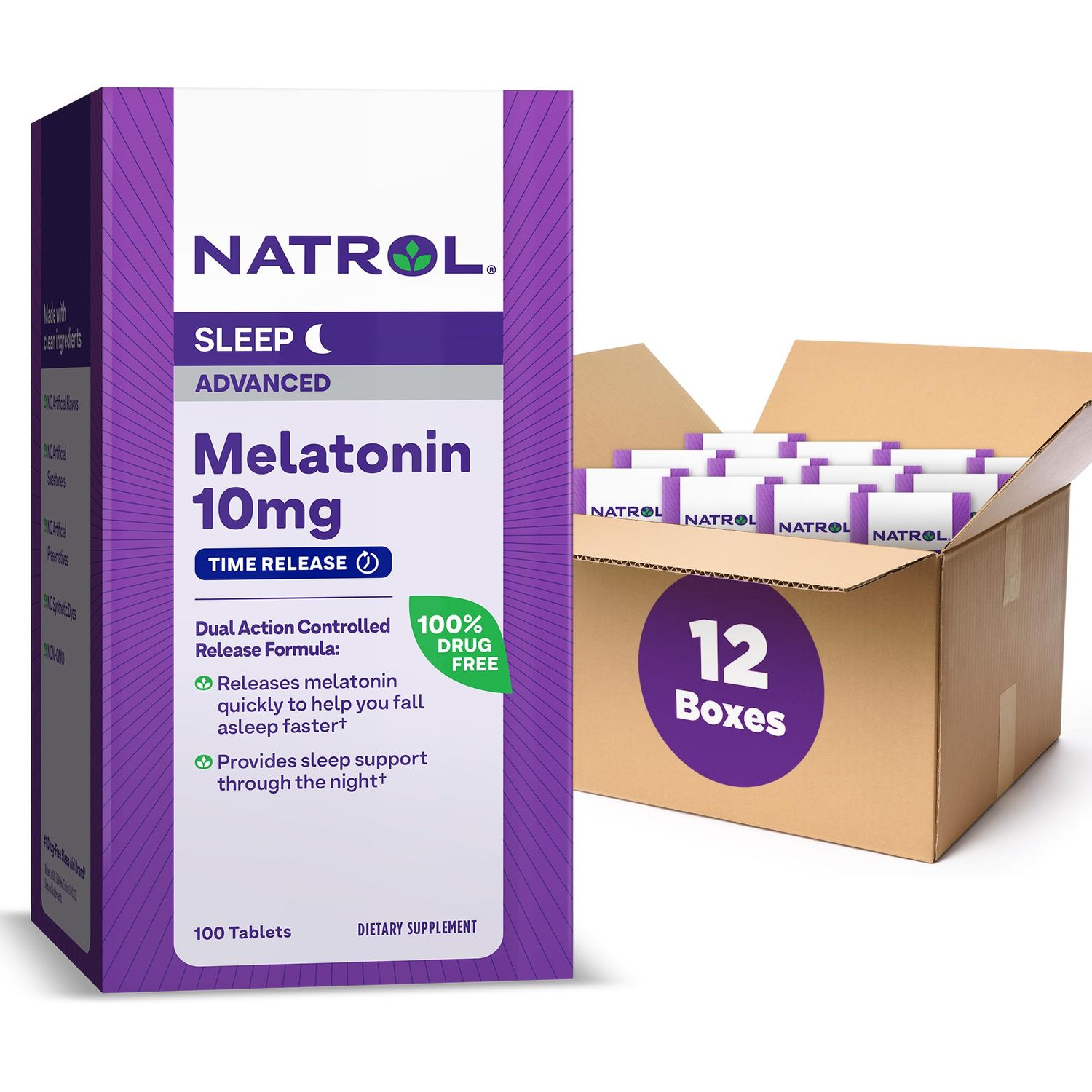 Natrol Advanced Sleep Melatonin 10mg, Dietary Supplement for Restful Sleep, Time Release Melatonin Tablets, 100 Time-Release Tablets, 100 Day Supply (Pack of 12)