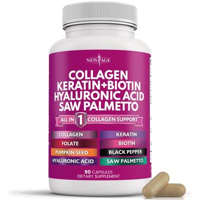NEW AGE Collagen Pills Biotin Keratin Saw Palmetto Hyaluronic Acid - Hair Skin and Nails Vitamins and DHT Blocker with Vitamin E Folic Acid Pumpkin Seed MSM- 90 Count