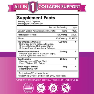 NEW AGE Collagen Pills Biotin Keratin Saw Palmetto Hyaluronic Acid - Hair Skin and Nails Vitamins and DHT Blocker with Vitamin E Folic Acid Pumpkin Seed MSM- 90 Count