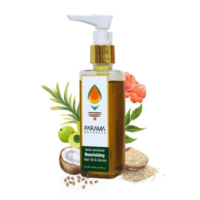 Parama Naturals Herb-enriched Nourishing Hair Oil Serum for healthy roots hair, reduces hair fall to get thicker hair. Non-sticky, quick absorbing, calming, 3.3fl oz, 100ml.