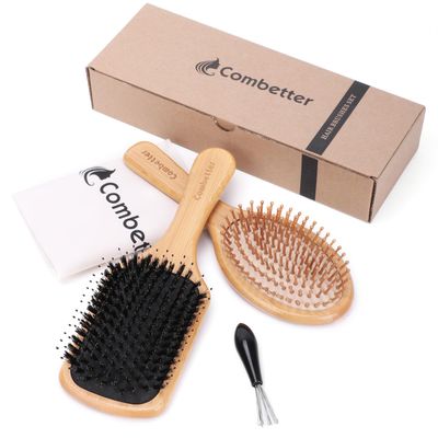 Combetter 2PCS Bamboo Boar Bristle Hair Brush, Natural Hairbrush Set With Cleaning Claw and Bag, Smoothes Frizz, and Restores Shine for All Hair Types