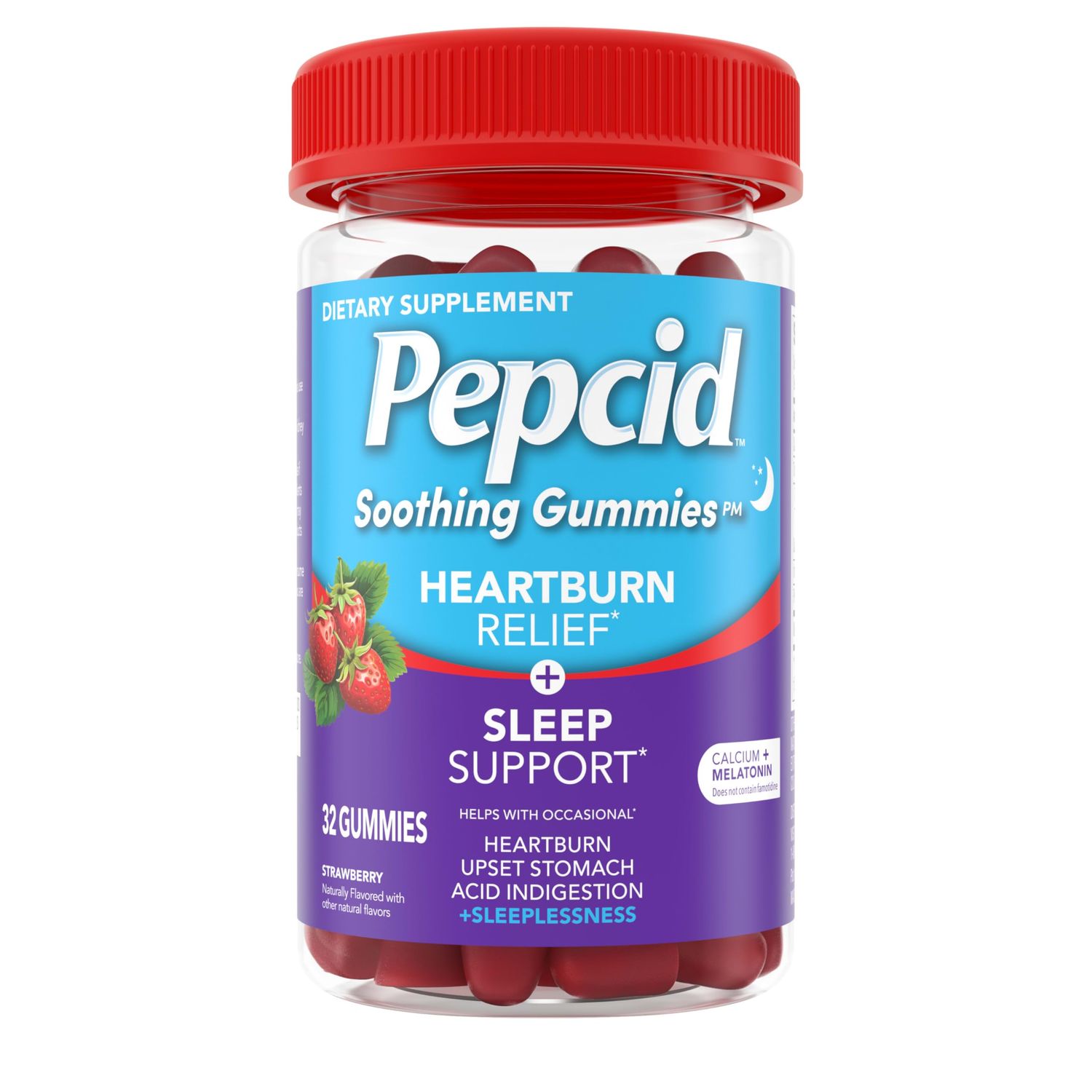 Pepcid Soothing Gummies, Heartburn Relief Sleep Support Gummies Help Occasional Heartburn, Upset Stomach, Acid Indigestion Sleeplessness, Calcium Melatonin, Strawberry, 32 ct