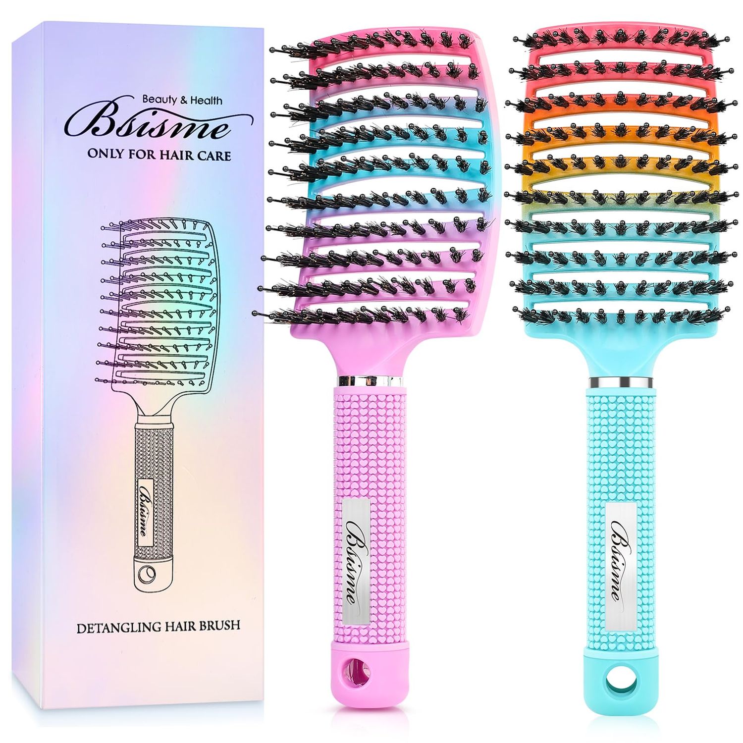 Boar Bristle Hair Brush Curved Vented Detangler Brush Faster Blow Drying, Paddle Detangling Brush for Women Men Kids Wet Dry Long Curly Thick Straight Hair, Make Hair Shiny and Healthier(PurpleGreen)
