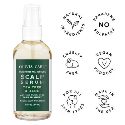Olivia Care Tea-Tree Aloe Scalp Serum - Natural Vegan Ingredients - Moisturize Anti-Itch Treatment - Stimulate Hair Growth Repair Damage - 4 FL OZ
