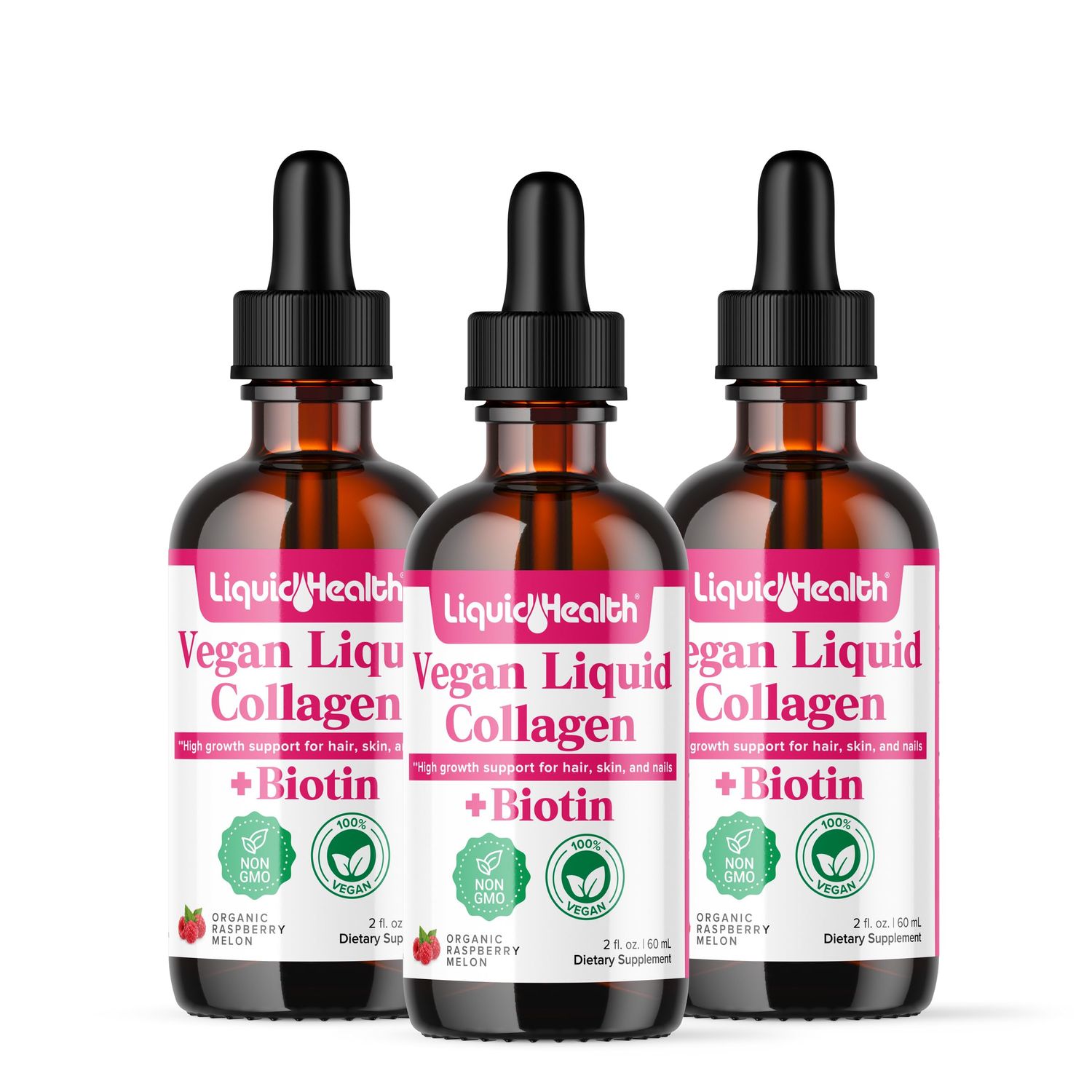 LIQUIDHEALTH 100 Vegan Collagen Plus Biotin 100,000mcg Liquid Drops - Plant-Based Liquid Collagen for Women Men - Hair Nail Growth, Skin Health, Boosts Metabolism - Made in USA, Non-GMO (3 Pack)