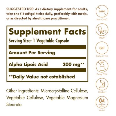 SOLGAR Alpha Lipoic Acid 200 mg - 50 Vegetable Capsules, Pack of 3 - Antioxidant Support - Non-GMO, Vegan, Gluten Free, Kosher, Halal - 150 Total Servings