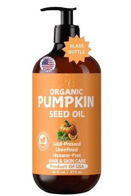 Organic Pumpkin Seed Oil, Cold-Pressed, 100 Pure Pumpkin Seed Oil for Hair Growth, Dry Skin, Anti-Aging Face Oil, Organic Hair Oil for Dry, Damaged Hair - Glass Bottle 16 fl oz