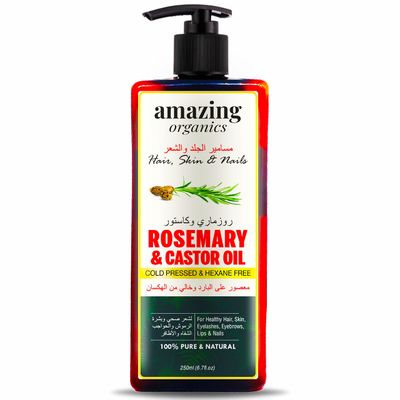 AmazingOrganics Rosemary and Castor Oil - 100 Pure Organic Non-GMO Cold-Pressed Castor Oil for Healthy Hair, Skin, Nails, Eyebrows, and Eyelashes 250 ml