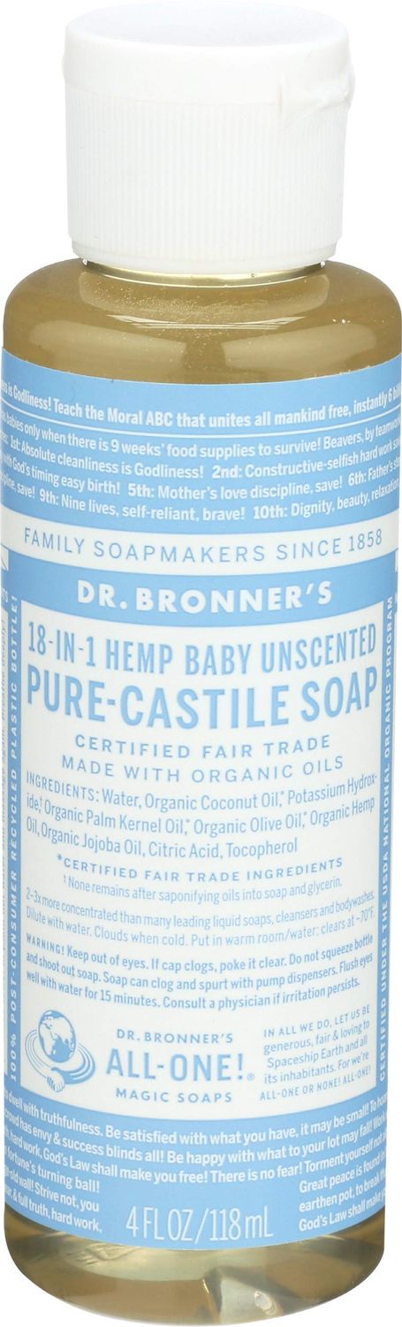 Dr. Bronner&#39;s Magic Soaps Pure Castile Soap, 18-In-1 Hemp, Unscented Baby Mild, 4 Fluid Ounces (118 ml)