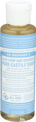 Dr. Bronner&#39;s Magic Soaps Pure Castile Soap, 18-In-1 Hemp, Unscented Baby Mild, 4 Fluid Ounces (118 ml)