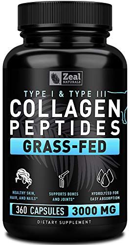 Zeal Naturals Collagen Peptides Collagen Pills (360 Capsules) Grass Fed Collagen Pepetide Powder - Hydrolyzed Collagen Powder for JointTendon SupplementHair Skin and Nails -
