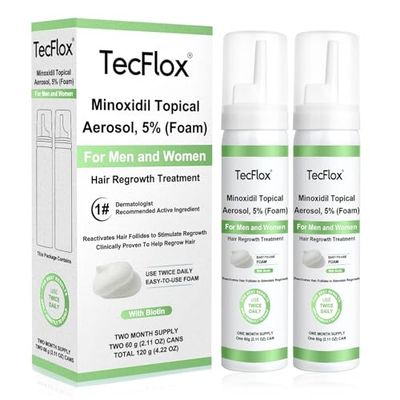 Tecflox Minoxidil Foam - 5 Minoxidil for Men Women, Hair Beard Growth with Biotin, Thicker Hair, Unscented, 2 x 2.11 Oz, 2-Month Supply, Hair Loss Treatment (Green)