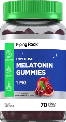 Piping Rock Melatonin Gummies 1 mg 60 Count Cherry Pomegranate Flavor Low Dose Adult Supplement Vegan Formula Non-GMO, Gluten Free