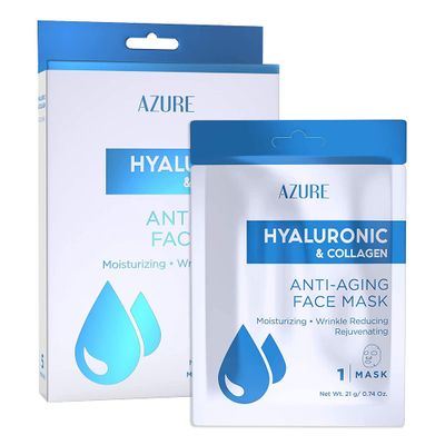 Azure Cosmetics Hyaluronic Acid Collagen Anti Aging Sheet Facial Mask - Rejuvenating Moisturizing Face - Helps Reduce Fine Lines Wrinkles, Tightens Smooths - Made in Korea - Pack of 5