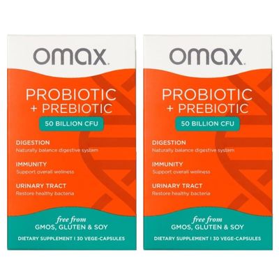 Omax3 Prebiotic Probiotic 50 Billion CFU Chicory Inulin, 10 Strain, Reduce Bloating, Digestion, SIBO, Leaky Gut, Vaginal pH, Acidophilus, Vegan, Dairy Free, Gluten Free, Blister Packaged (2 Pack)