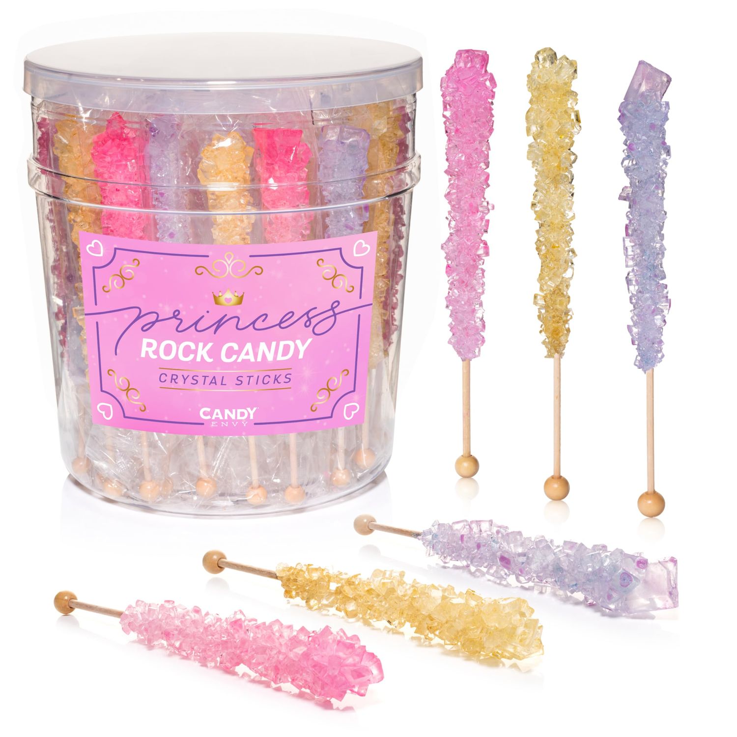 Candy Envy - Princess Rock Candy Sugar Sticks - 36 Indiv. Wrapped - Gold, Lavender, Light Pink