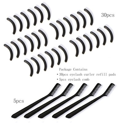 30pcs Eyelash Curler Refill Pads 5pcs Eyelash Comb, Black Curler Refills, Silicone Rubber Universal Eye Lash Curler Replacement