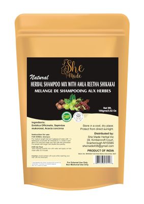 She Made Natural Herbal Shampoo Blend with Amla, Reetha and Shikakai Powder 100gms (3.52 Oz) Reduce Hair Fall Dandruff, Thick Strong Hair, Damage Control, Soft Shin Hair Growth