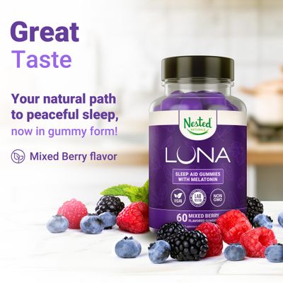 Nested Naturals Luna Sleep Gummies - Non-Habit Forming Melatonin Gummies 3mg with L-Theanine, Valerian Root, GABA, and Lemon Balm - Sleep Gummies for Adults - Mixed Berry, 60 Vegan Gummies