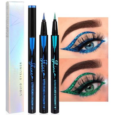 evpct 2Pcs Green Royal Blue Glitter Shimmer Liquid Eyeliner Eye Shadow Makeup Pencil Set, Green Blue Face Body Glitter Makeup Fake Eyelashes Mascara, Sparkle Metallic Colored Eyeliner Waterproof