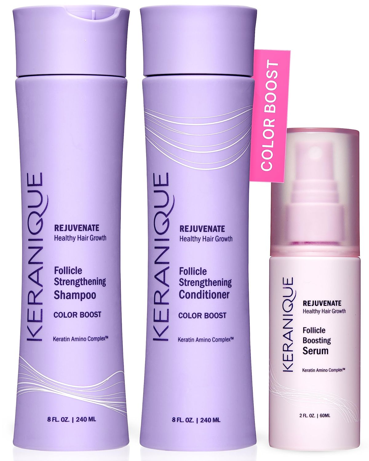 Keranique Color Treated Shampoo and Conditioner Set with Follicle Booster Hair Serum - Keratin Enriched Color Boost Set wShampoo, Conditioner Thickening Spray for Women wFine, Thin, Colored Hair