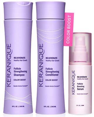 Keranique Color Treated Shampoo and Conditioner Set with Follicle Booster Hair Serum - Keratin Enriched Color Boost Set wShampoo, Conditioner Thickening Spray for Women wFine, Thin, Colored Hair