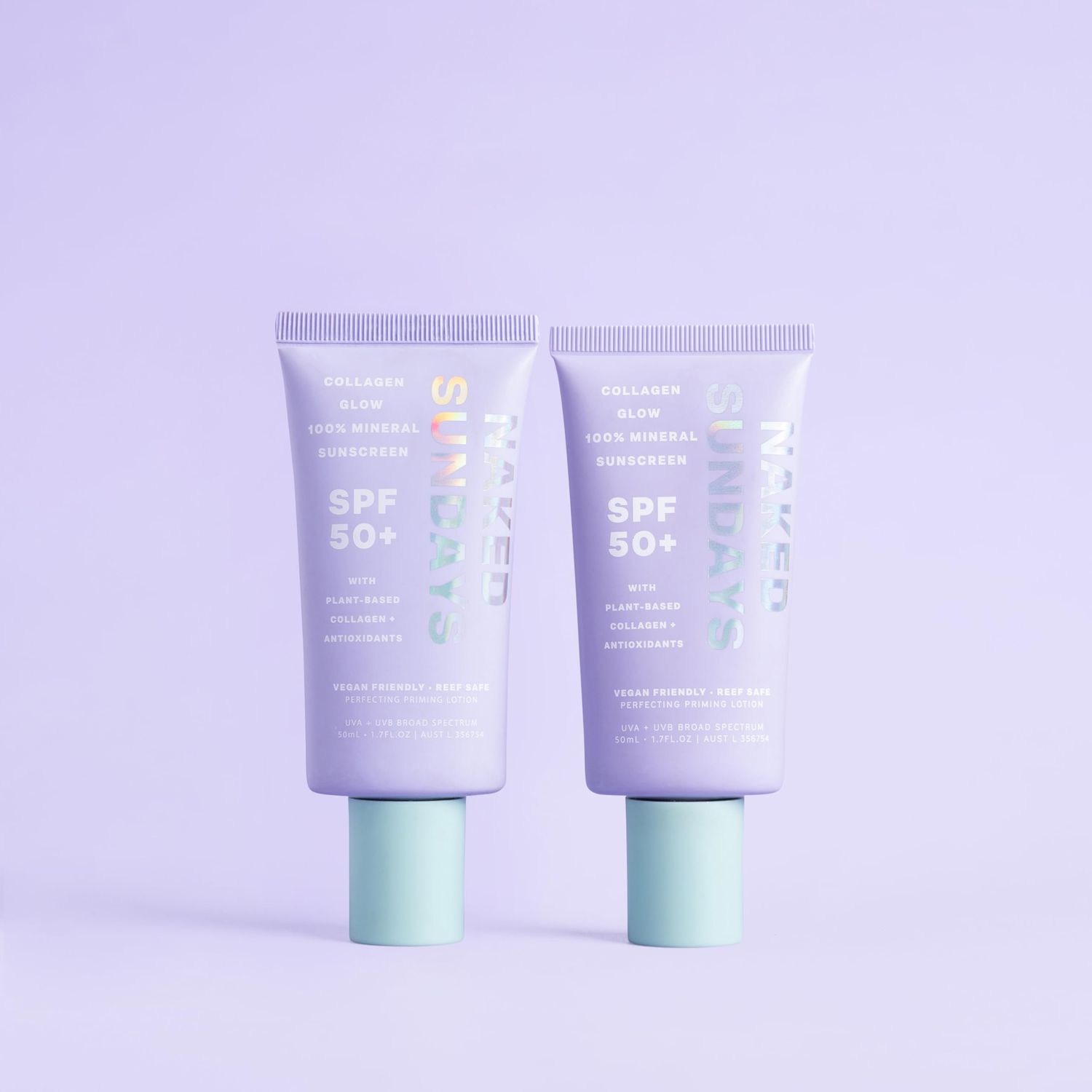 Naked Sundays SPF 50 Collagen Glow 100 Mineral Sunscreen, Hydrating SPF with Zinc Oxide, Vegan Collagen, Primer Sheer Tint, Mineral SPF for Healthy Glow - 2 pack