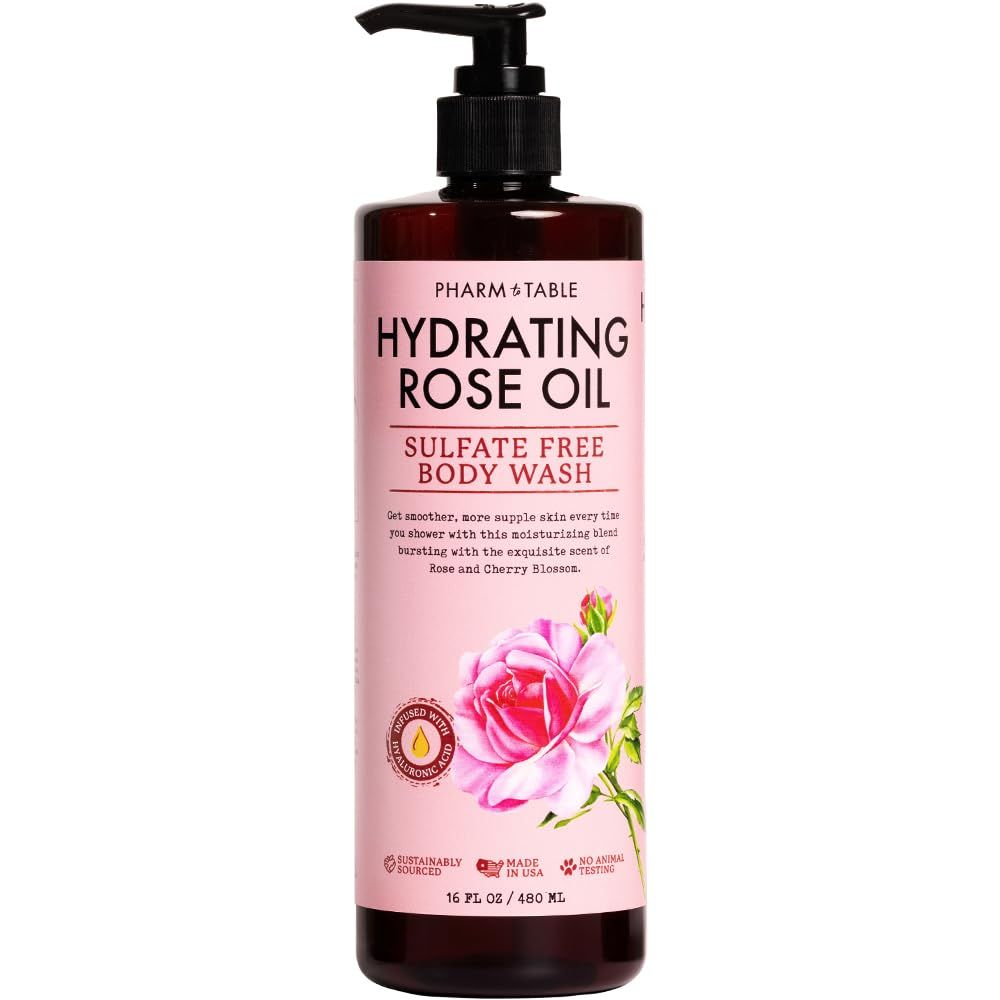 PHARM TO TABLE Hydrating Rose Oil Body Wash for Women and Men - Hydrates and Brightens the Skin, Sulfate Free, 100 Cruelty Free, 480ml