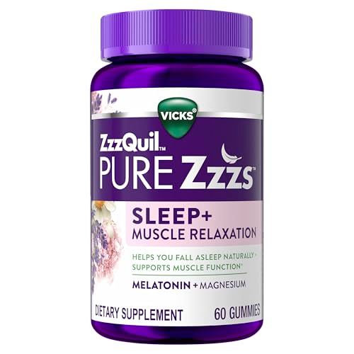 ZzzQuil Pure Zzzs Muscle Relaxation Melatonin Sleep Aid Gummies, Supports Muscle Function, Helps You Fall Asleep Naturally, Fast, Melatonin Magnesium, No Next-Day Grogginess, Drug-Free, 60ct