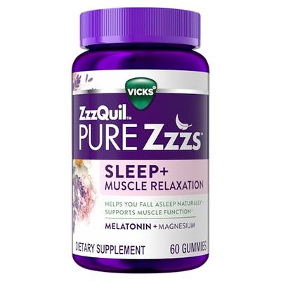 ZzzQuil Pure Zzzs Muscle Relaxation Melatonin Sleep Aid Gummies, Supports Muscle Function, Helps You Fall Asleep Naturally, Fast, Melatonin Magnesium, No Next-Day Grogginess, Drug-Free, 60ct