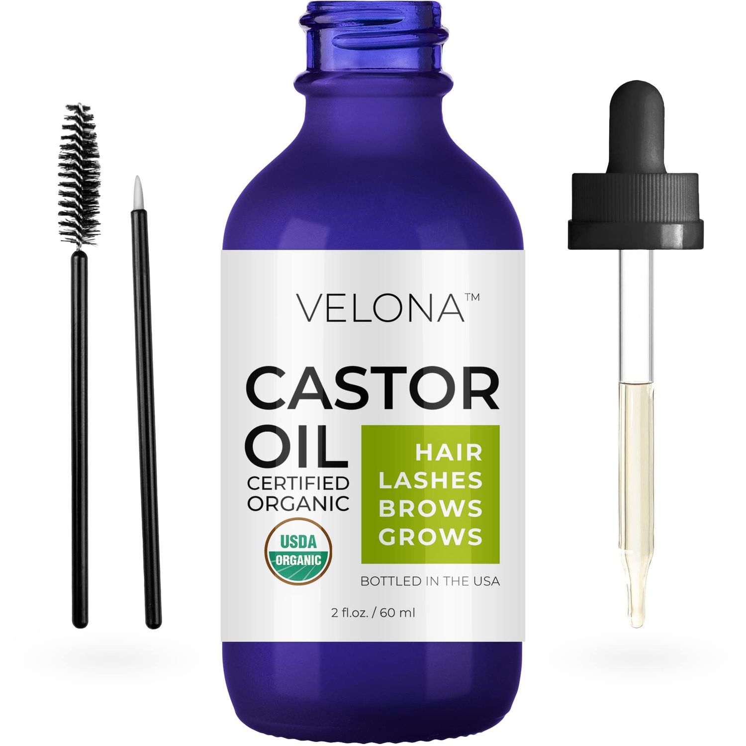 velona USDA Certified Organic Castor Oil - 2 fl oz Stimulate Growth Eyelashes, Eyebrows, Hair Cold pressed, Natural Oil, USP Grade Hexane Free, Lash Boost Serum, Caster Starter Kit