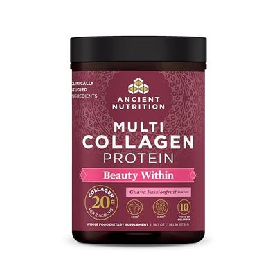 Ancient Nutrition Collagen Powder Protein, Multi Collagen Protein Beauty Within, Guava Passionfruit, with Vitamin C, Hydrolyzed Collagen Peptides Supports Healthy Skin and Nails, 18.3oz