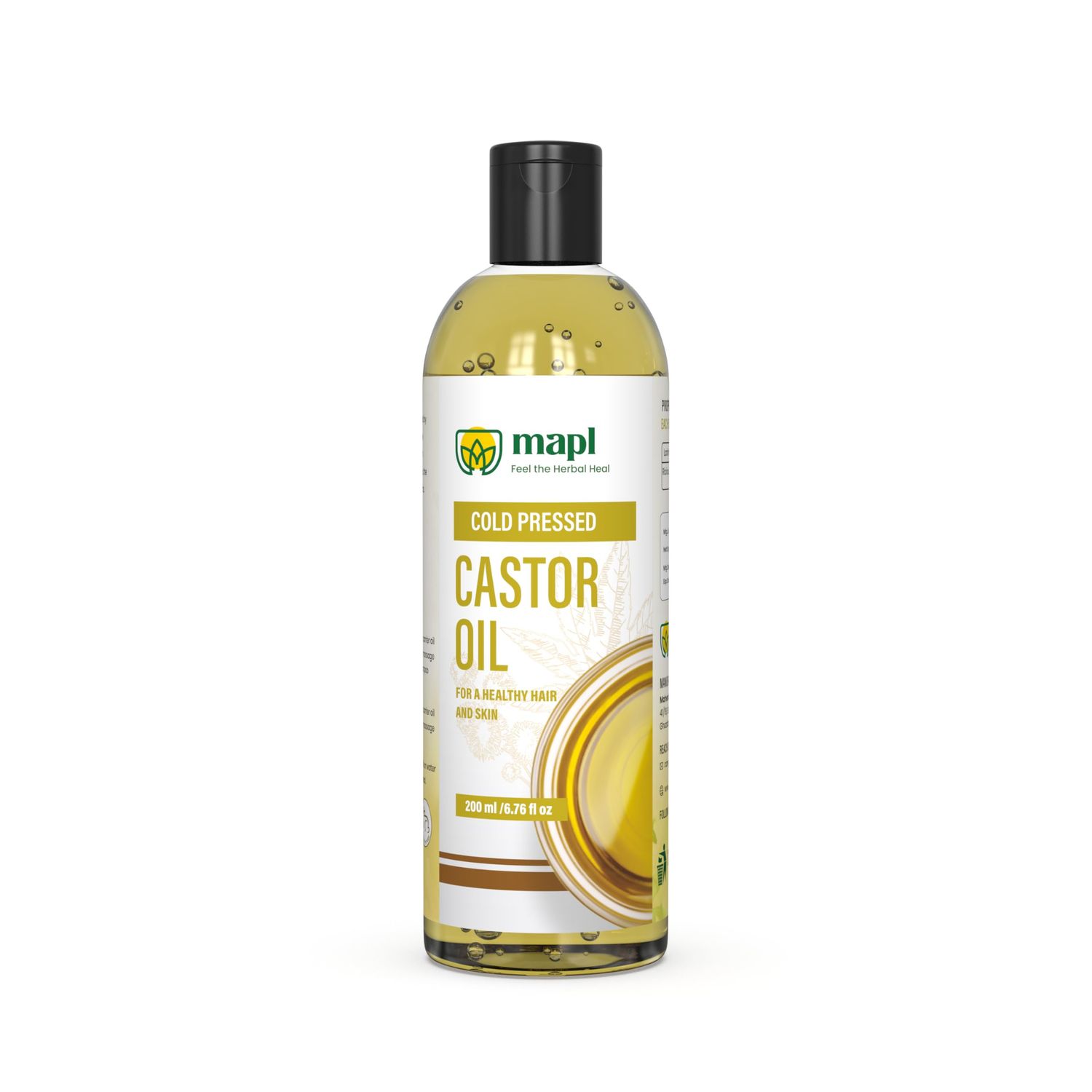 MAPL Organic Castor Oil - 100 Natural, Cold-Pressed Arandi Oil - Edible, Virgin Unrefined, Rich in Aminos - For Hair, Skin, Eyebrows, Lashes - Sulfate, Paraben Hexane Free - 6.7 fl oz (200 ml)