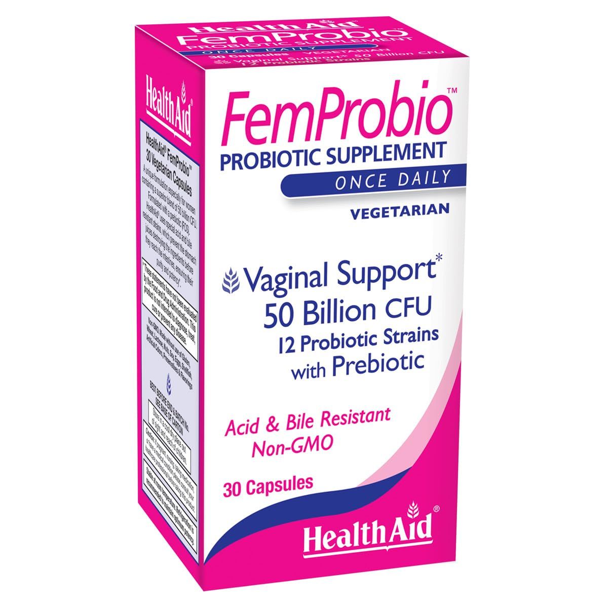 HealthAid FemProbio, 50 Billion with Prebiotic, 30ct, Helps with Vaginal Support, Acid Bile Resistant, Lactose, Gluten, GMO Free, Vegetarian