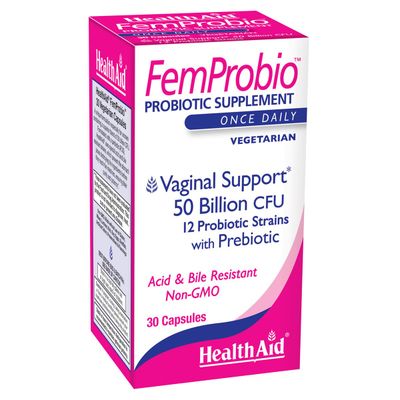 HealthAid FemProbio, 50 Billion with Prebiotic, 30ct, Helps with Vaginal Support, Acid Bile Resistant, Lactose, Gluten, GMO Free, Vegetarian