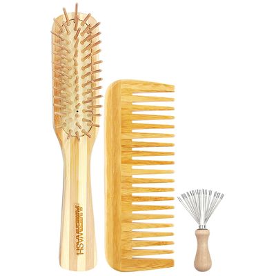 Bamboo Detangling Hairbrush and Wide Tooth Comb Set - Promotes Hair Growth, for Women, Men, Thick, Thin, Curly, Dry Hair - Cleaner Included