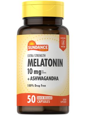 Sundance Melatonin 10mg with Ashwagandha 50 Capsules Extra Strength Non-GMO Gluten Free Supplement
